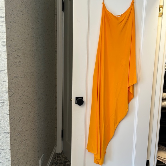 zara one shoulder orange dress Zara Orange Ruffle Midi Dress